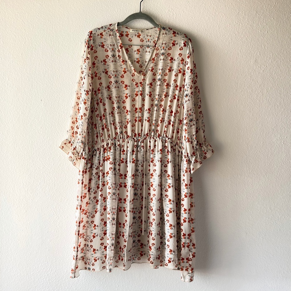 SUNO Cream and Red Floral Long Sleeve Dress